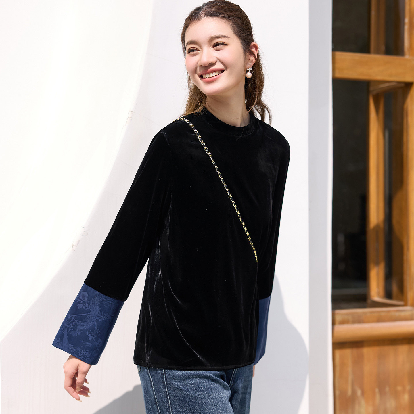 菲伊唐真丝绒盘扣圆领上衣女春季中式复古文艺改良女宽松旗袍唐装