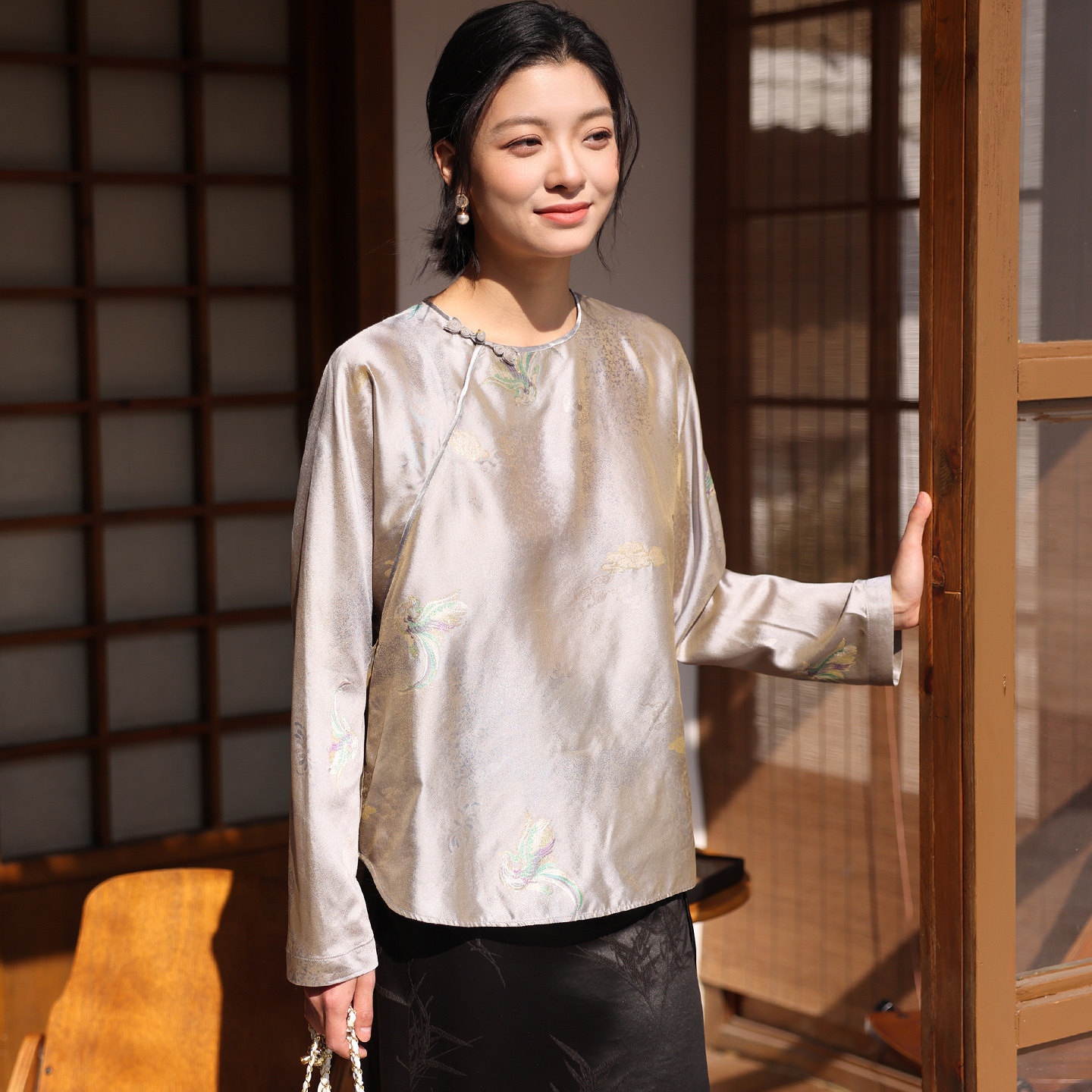菲伊唐中式文艺复古改良中国风真丝妆花锦盘扣斜襟圆领唐装女上衣