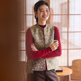 背心马夹女上衣 改良立领复古唐装 菲伊唐真丝蜀锦夹棉马甲中式 时尚