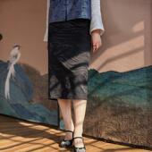 真丝羊毛缎半身裙女春秋过膝裙中长款 复古开衩气质半裙 女百搭中式