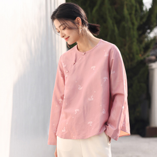 菲伊唐中式 春改良中国风真丝双宫蜀锦斜襟圆领女上衣 文艺复古衬衫