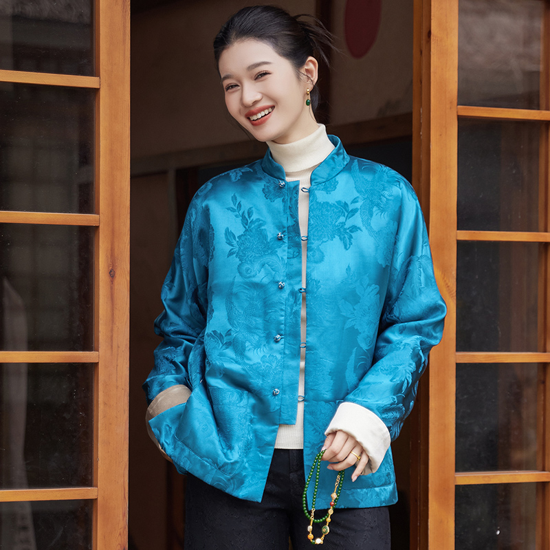 真丝交织提花缎中式复古改良女唐装斜襟立领夹棉衣服外套短女上衣