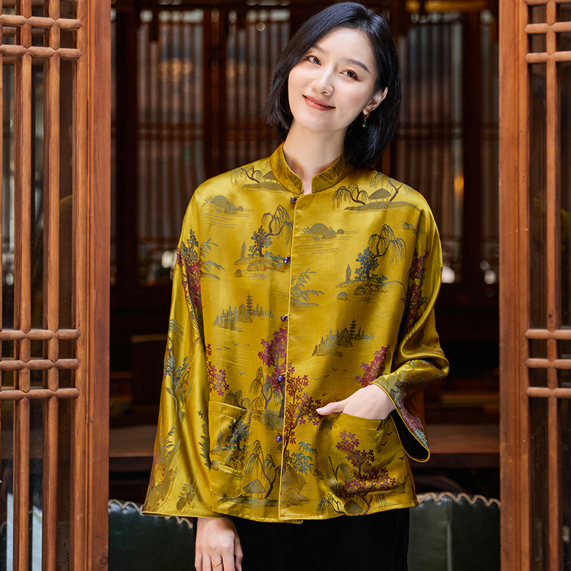 真丝交织提花春对襟翻袖口女上衣