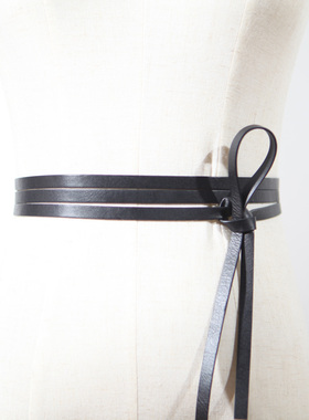 新韩版黑色黄色软羊皮无扣多圈打结女士细款腰带装饰连衣裙带皮带