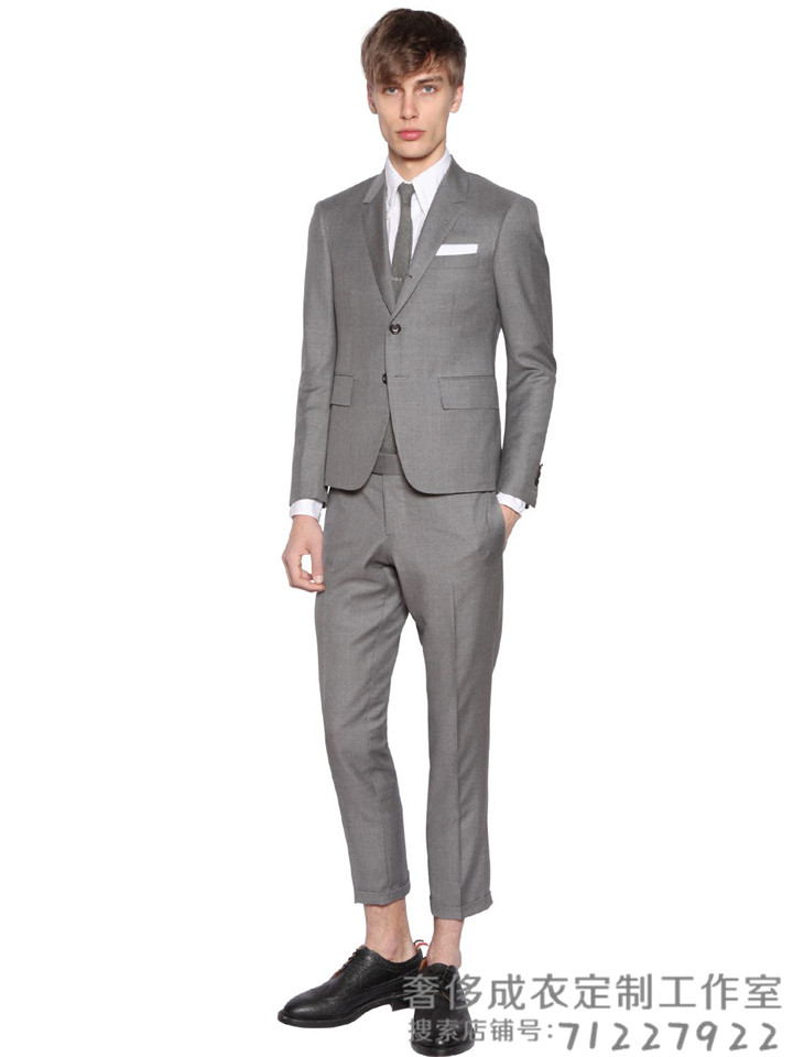 灰色修身羊毛西服套装休闲潮男小西装原创毛料西服哔叽小脚九分裤