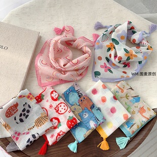 45挂须棉麻小方巾丝巾女童春秋护颈百搭头巾装饰领巾时尚洋气围巾