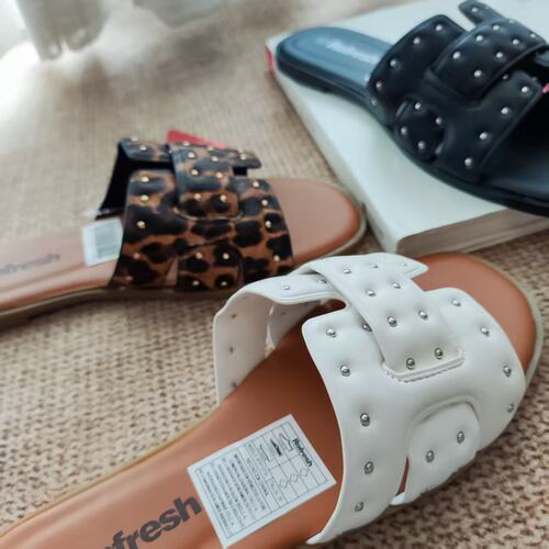 出口欧美 外贸捡漏拖鞋女豹纹铆钉时尚设计感平底防滑旅游海边H拖