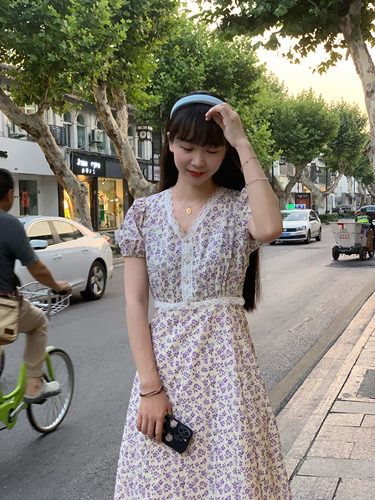 自制长裙A型通勤收腰碎花连衣裙