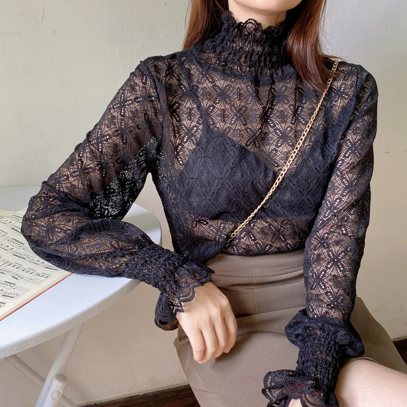 秋冬新款上衣女时尚高领灯笼袖套头蕾丝打底衫修身百搭简约,女装蕾丝衫/雪纺衫,潮品会