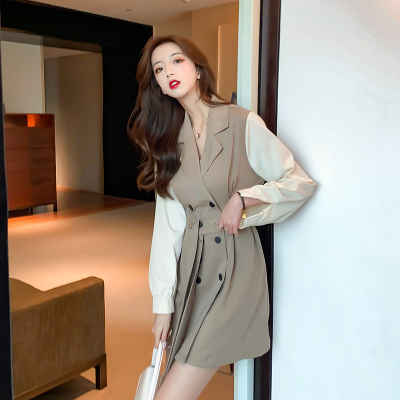 女神范衣服2021年秋季新款西装裙子气质收腰长袖连衣裙女装秋,女装连衣裙,潮品会