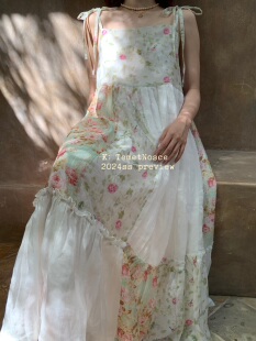 原创小众设计薄荷曼波多种拼接梦幻花花吊带连衣裙 nosce temet