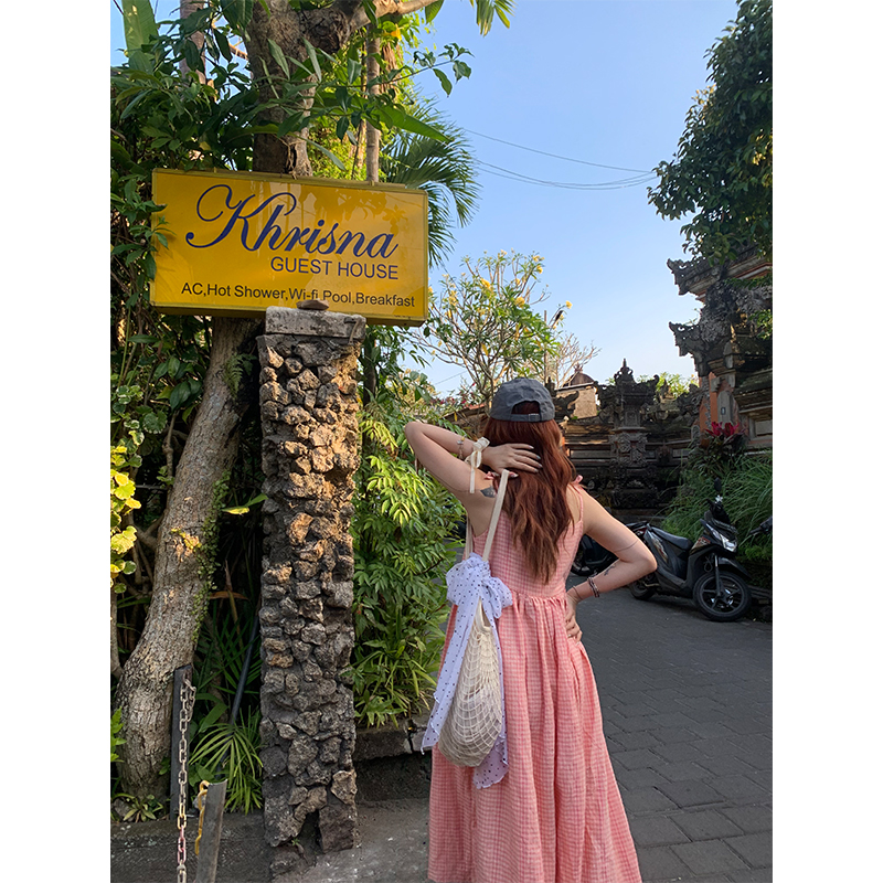 原创设计夏日舒适亚麻粉格连衣裙