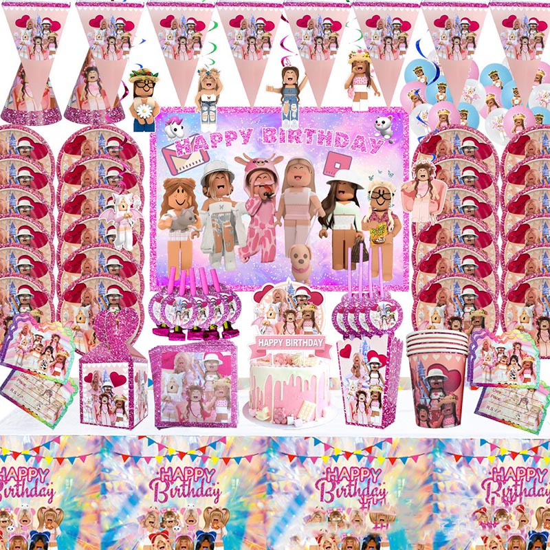 虚拟世界粉色一次性餐具女孩生日派对装饰背景布置野餐玩具礼物