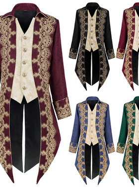 英伦宫廷燕尾服蕾丝刺绣花边西服男中长款假两件撞色风衣国王礼服