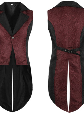 英伦复古哥特风中长款燕尾服西装马甲吸血鬼外套撞色拼接提花马夹