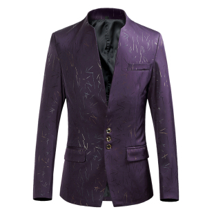 2025新款韩版修身条纹男士立领小西装帅气中山装外套主持演出西服