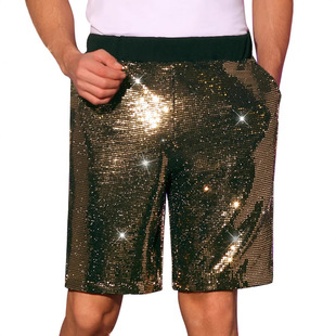 英伦风痞帅休闲闪亮片短裤夜店潮流演出裤子男宽松亮面五分直筒裤