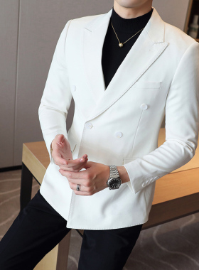 英伦绅士礼服白色双排扣西装男商务休闲帅气大码单西主持演出西服