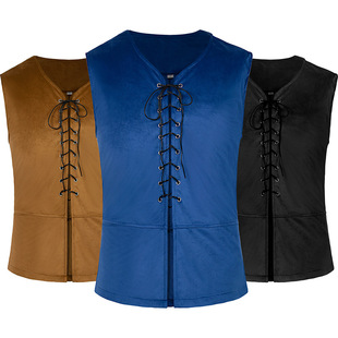 欧美复古休闲丝绒面马甲男中世纪绑带无袖坎肩背心鹿皮绒海盗马夹