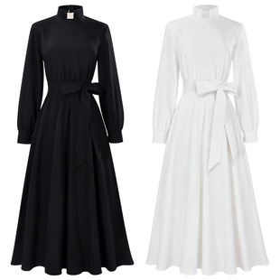 欧洲中世纪复古连衣裙女立领束腰哥特风暗黑长裙COS修女牧师服装