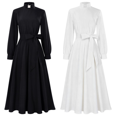 欧洲中世纪复古连衣裙女立领束腰哥特风暗黑长裙COS修女牧师服装