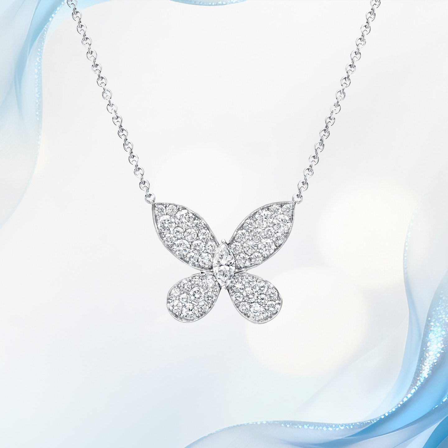 18K金天然真钻石缱绻蝴蝶项链女满钻轻奢招财锁骨链定制新年礼物