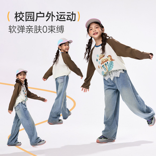 EBAER女童牛仔裤秋装2026新款儿童裤子女孩高腰拼接蕾丝直筒长裤