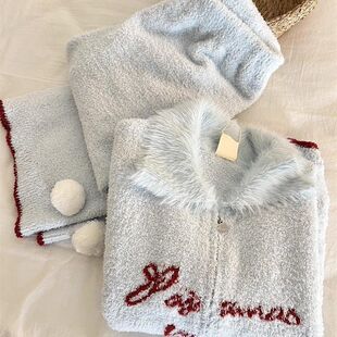 2025新款睡衣女款秋冬季半边绒长袖休闲蓝色字母学生珊瑚绒家居服