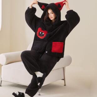 珊瑚绒睡衣女秋冬加厚加绒连帽套装2025新款保暖家居服套装可外穿