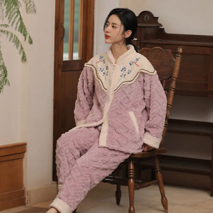 新中式睡衣女冬新款加厚开衫高颜值长款睡袍套装家居汉服淑女外穿