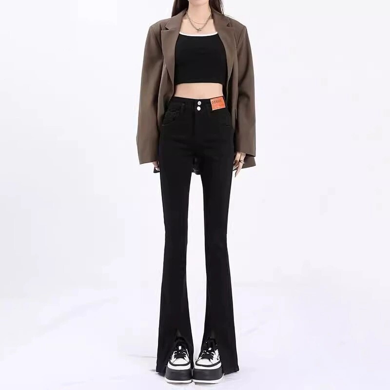 黑色开叉喇叭牛仔裤女2026年春季新款小个子显瘦显高弹力微喇叭裤