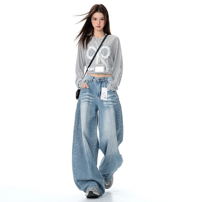 弯刀牛仔裤女小个子显高直筒裤子