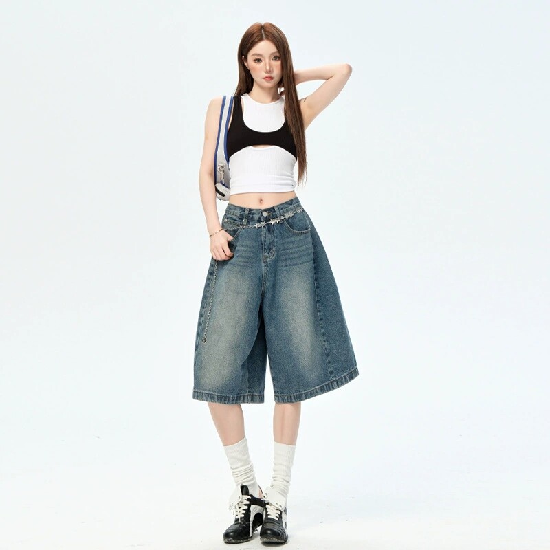 美式复古直筒阔腿七分牛仔裤女夏薄款2026新款高腰小个子7分中裤