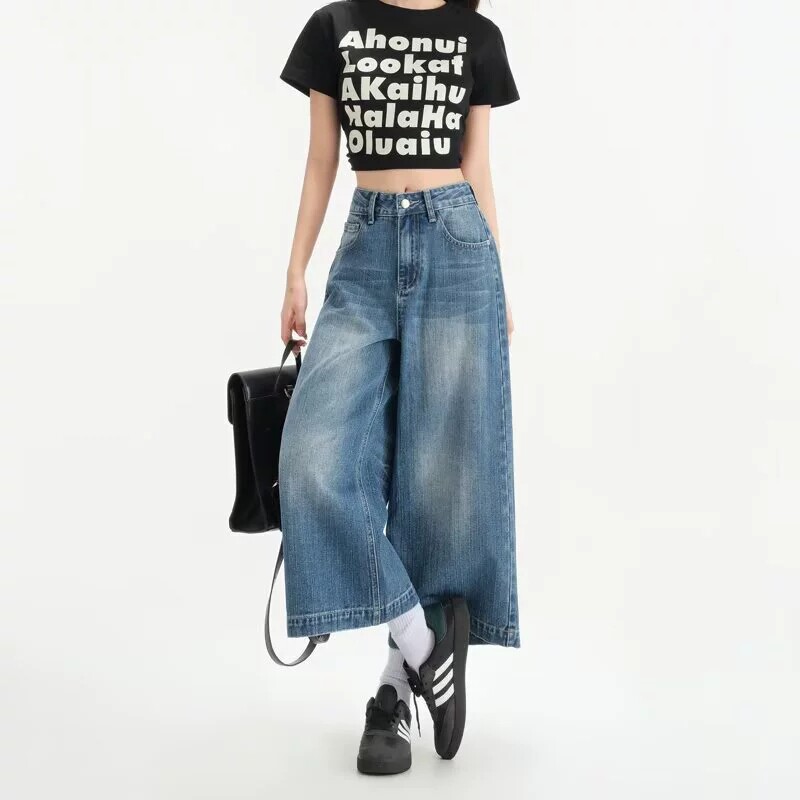 阔腿牛仔裤女2026春夏季新款高腰显瘦宽松垂感八分小个子直筒裤子