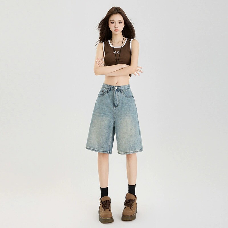 美式复古阔腿牛仔五分裤女夏季2026新款宽松显瘦中裤5分短裤子潮