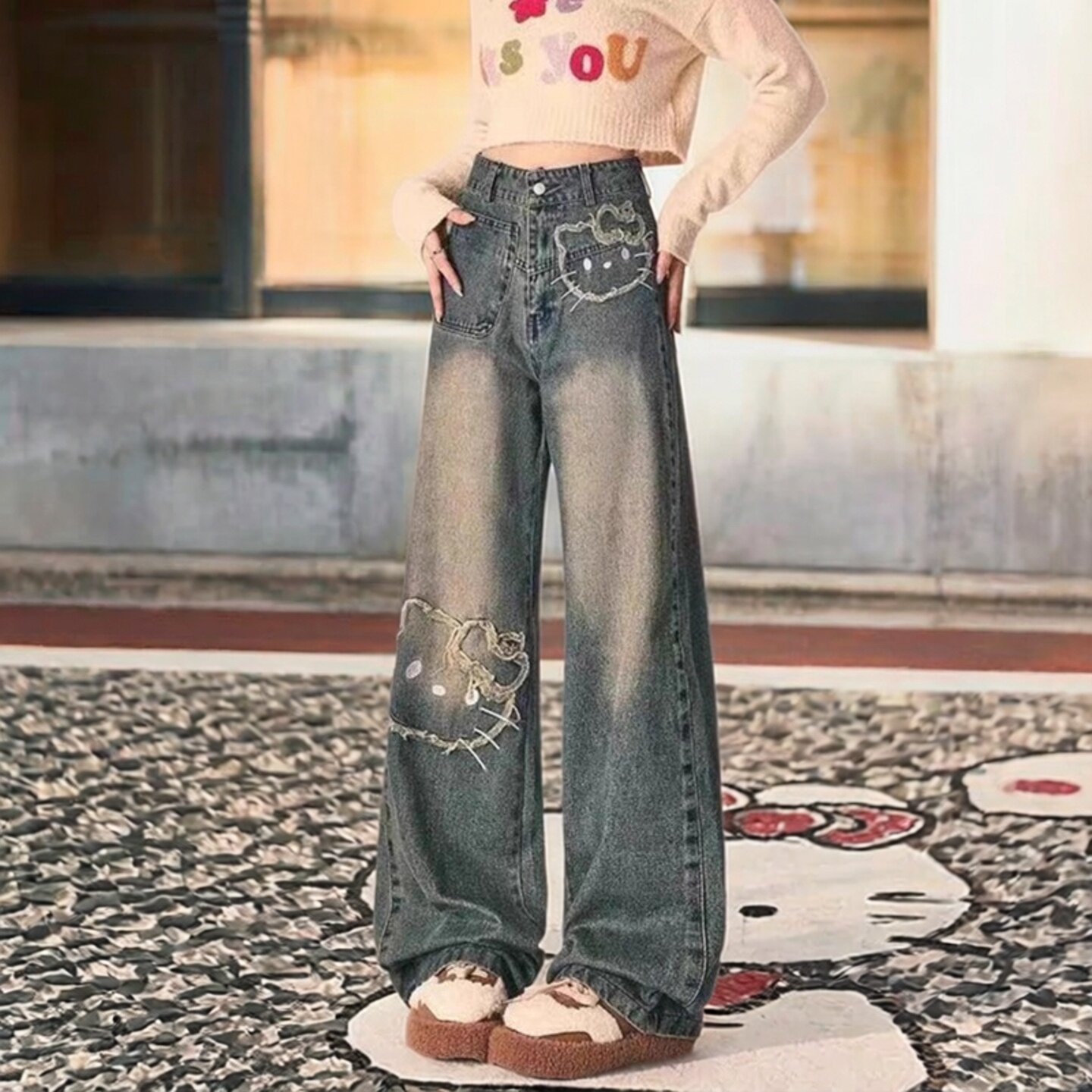 Kitty猫卡通刺绣阔腿牛仔裤女图片