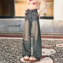 Kitty猫卡通刺绣阔腿牛仔裤女2026新款宽松显瘦显高设计感直筒裤