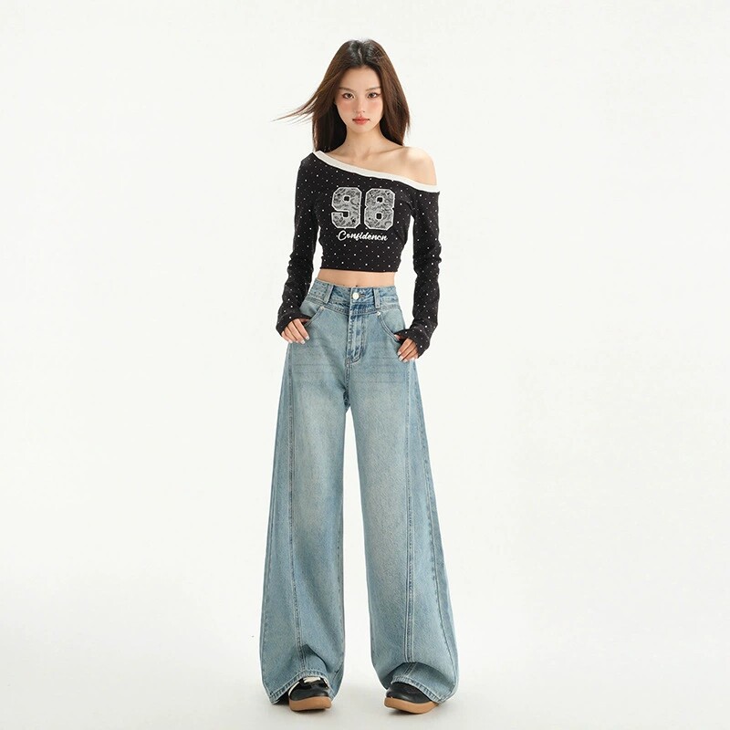 阔腿牛仔裤女春夏2026年新款设计感高腰显瘦垂感宽松直筒拖地裤子