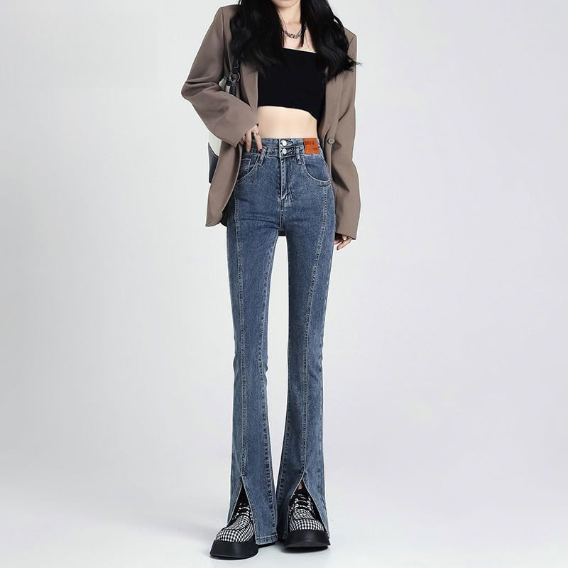 复古高腰开叉喇叭牛仔裤女2026年新款小个子显瘦显高弹力微喇叭裤