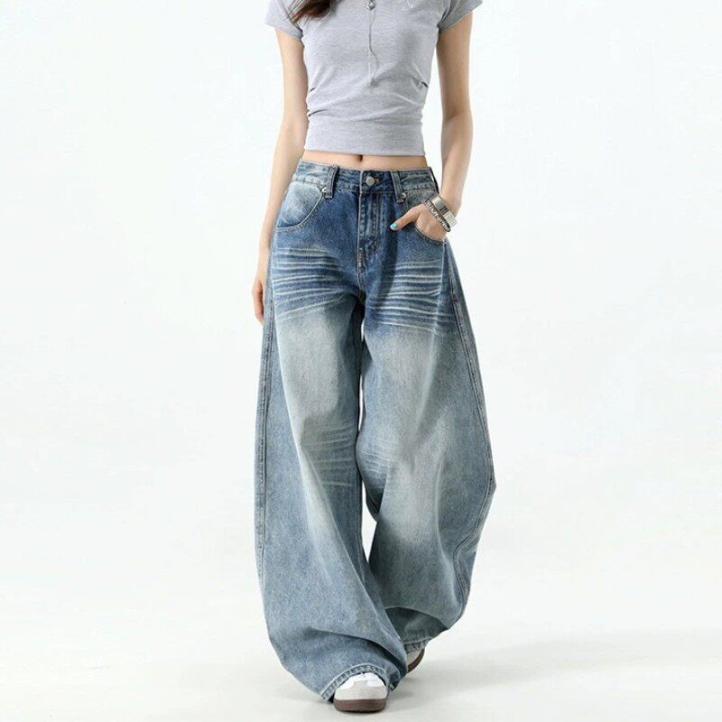 美式弯刀阔腿牛仔裤女2026春夏新款宽松高腰显瘦慵懒直筒拖地裤子