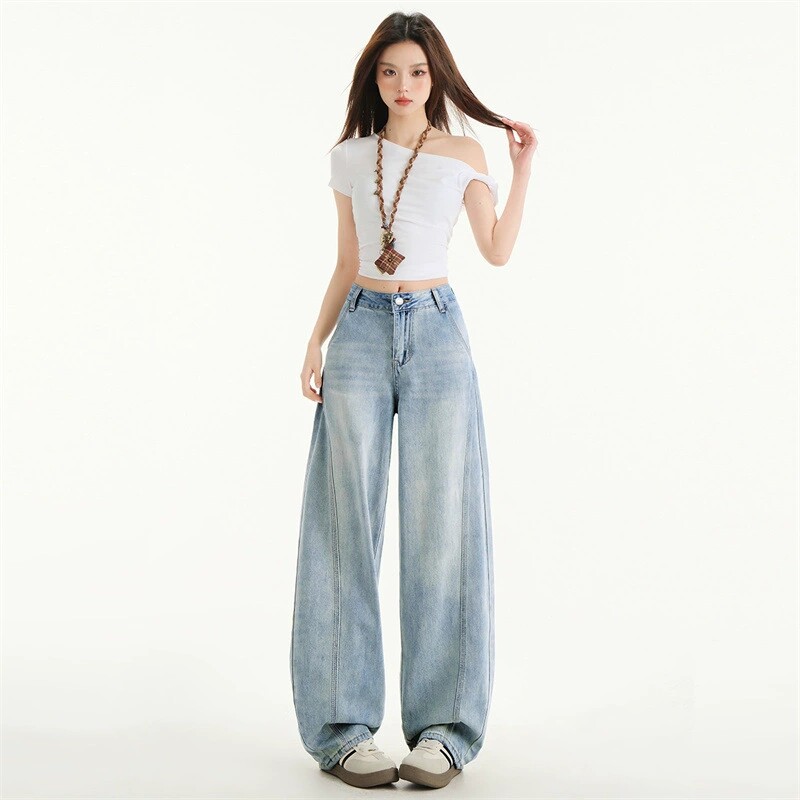 美式复古阔腿牛仔裤女春季2026新款宽松显瘦休闲高腰弯刀拖地裤子