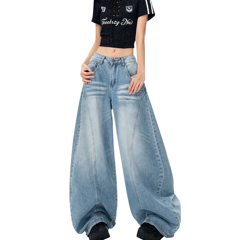 美式复古浅蓝弯刀牛仔裤女春季2026年新款高腰显瘦遮肉显高阔腿裤