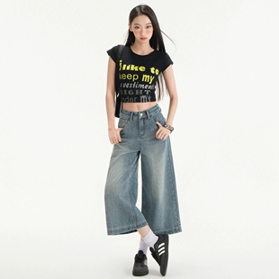 八分阔腿牛仔裤女2026年新款高腰显瘦宽松显瘦小个子七分直筒裤子