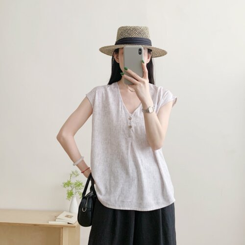 人造棉V领打底衫女夏季宽松