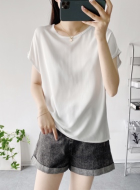 纯棉绸t恤衫女夏季薄款宽松大码短袖纯色半袖人造棉白色显瘦上衣