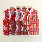 加棉马甲女士盘扣坎肩外穿背心保暖马夹东北大花袄棉袄上衣 秋冬季