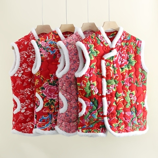 秋冬季 加棉马甲女士盘扣坎肩外穿背心保暖马夹东北大花袄棉袄上衣