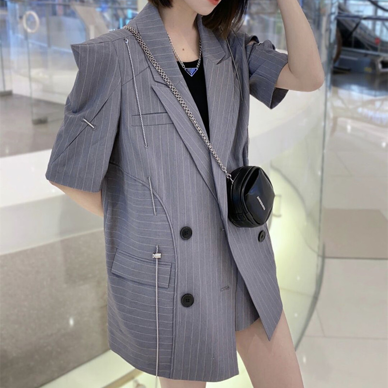 短袖条纹西装两件套女2025夏款韩版双排扣薄款西服+休闲短裤套装