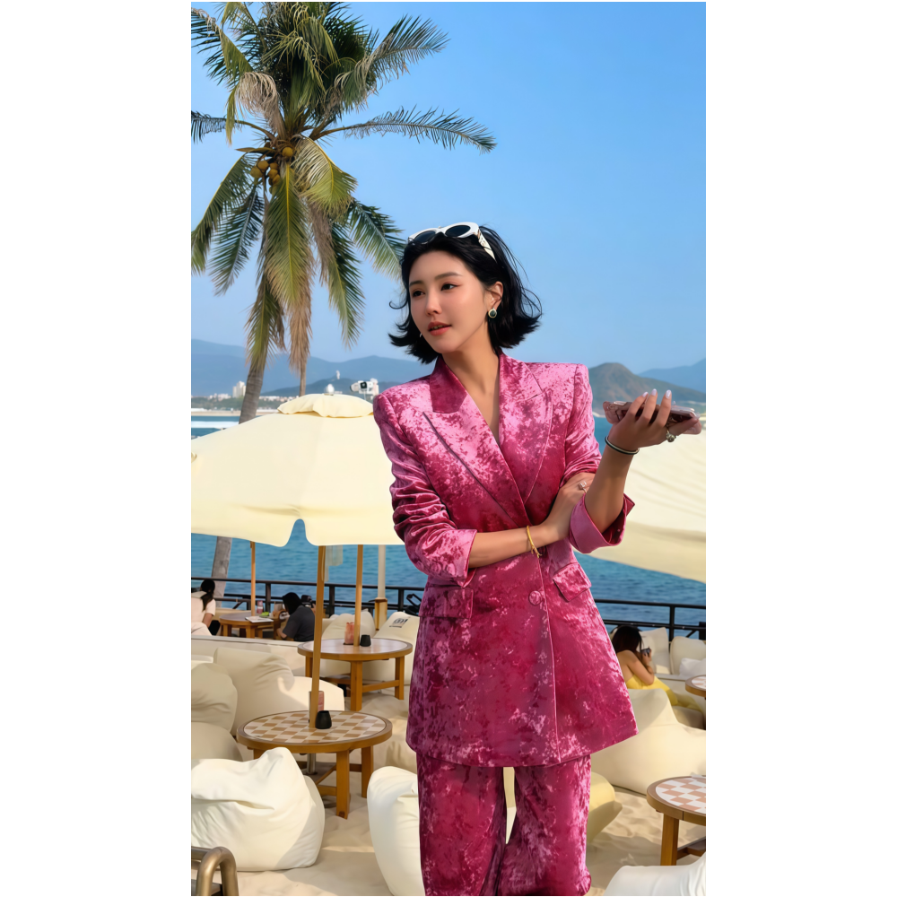 2026年春季新款韩系洋气简约收腰中长紫红色金丝绒西装长裤套装女,女装/女士精品,时尚套装,淘宝优惠券,粉丝福利购,淘宝优惠卷