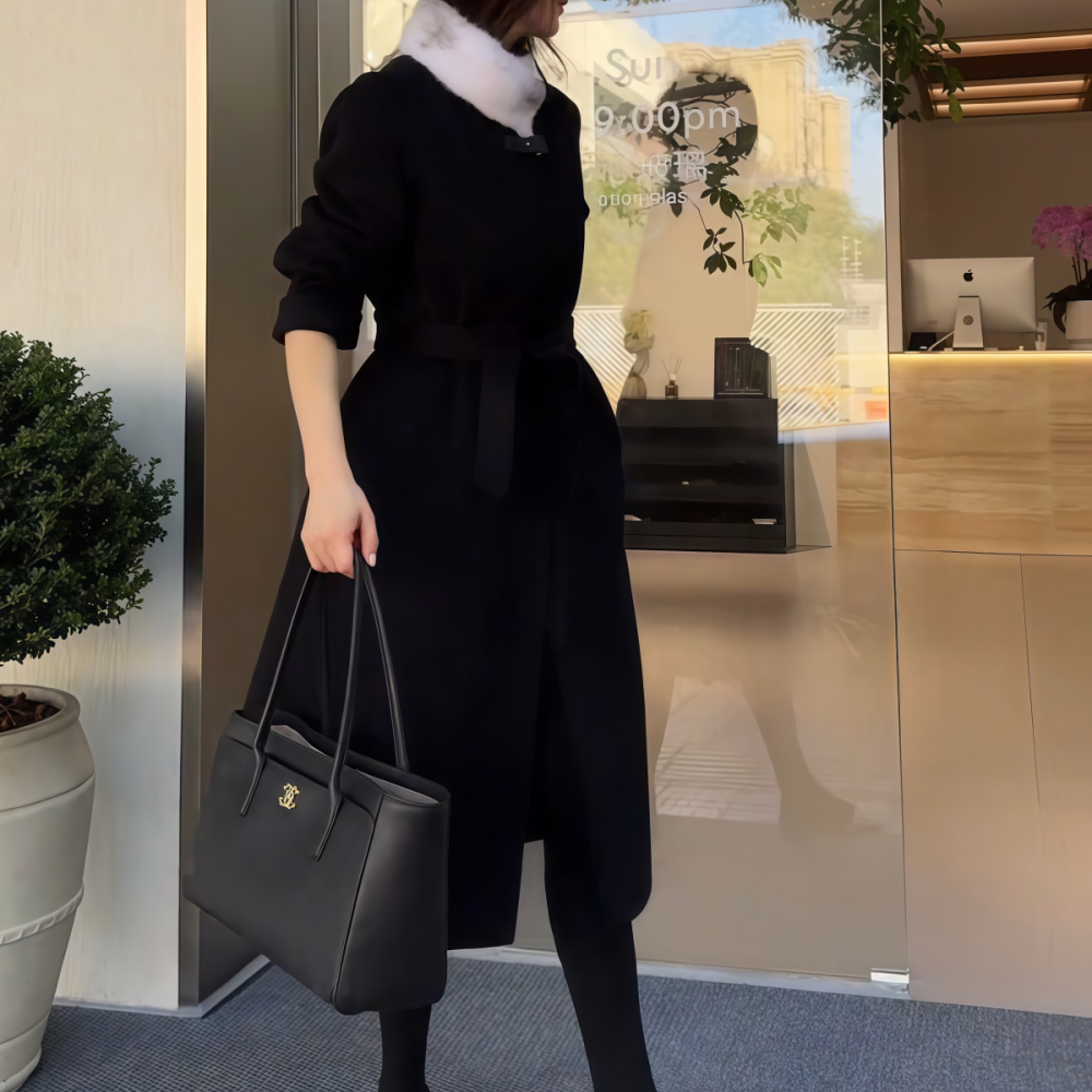 长款黑色毛绒领毛呢大衣外套女